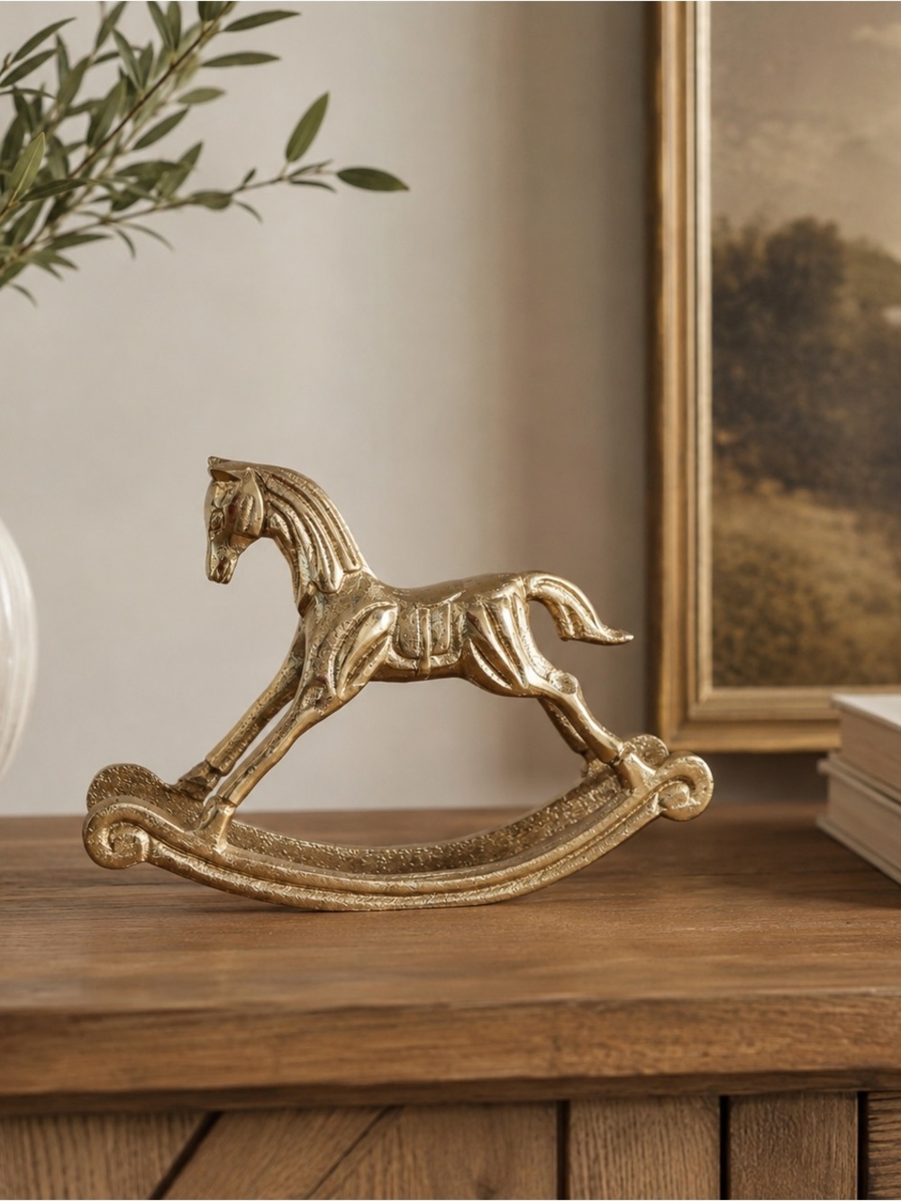 Gold Rocking Horse Figurine Vintage Style Equestrian Christmas Decor.